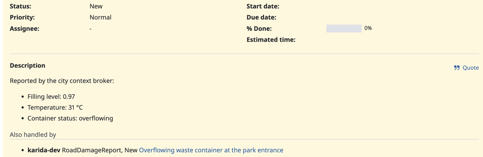 Redmine issue whose federation panel lists another organization's work order for the same waste container, with status and a link