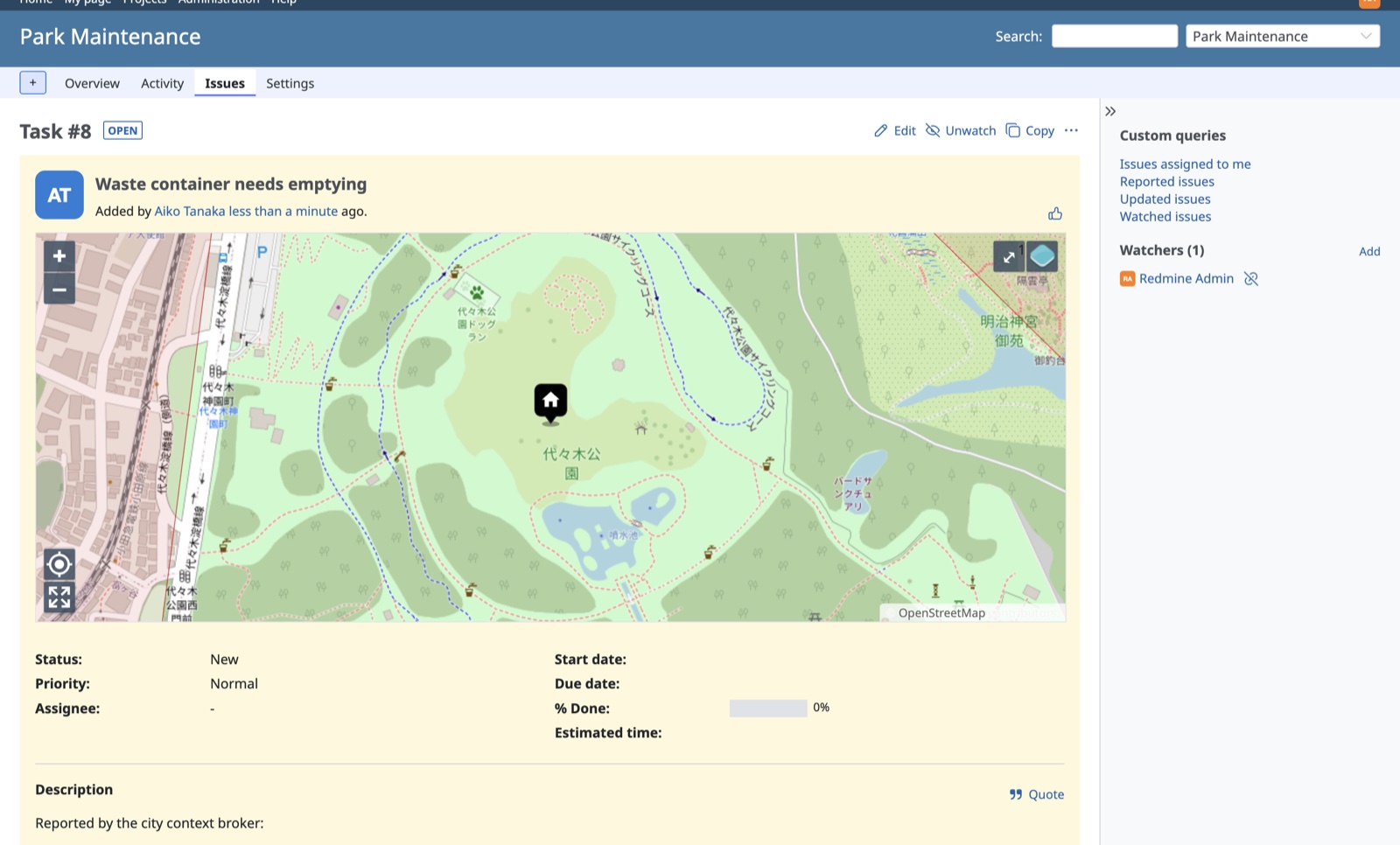 Redmine issue created from a FIWARE notification, with a map pin at the waste container's location in a park