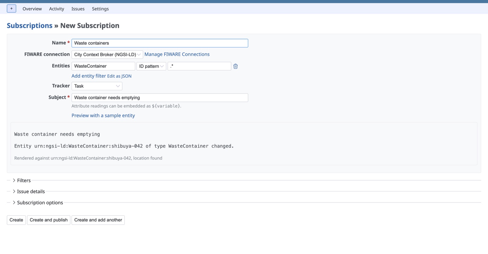 Subscription form with a live preview of the issue rendered from a sample waste container entity