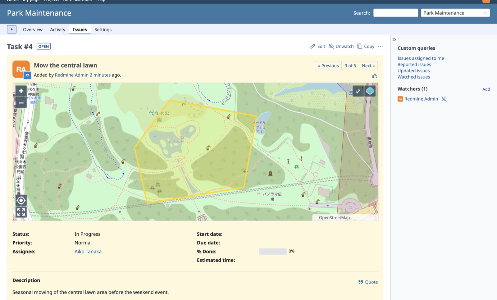 Redmine issue page showing a polygon on a map above the issue attributes