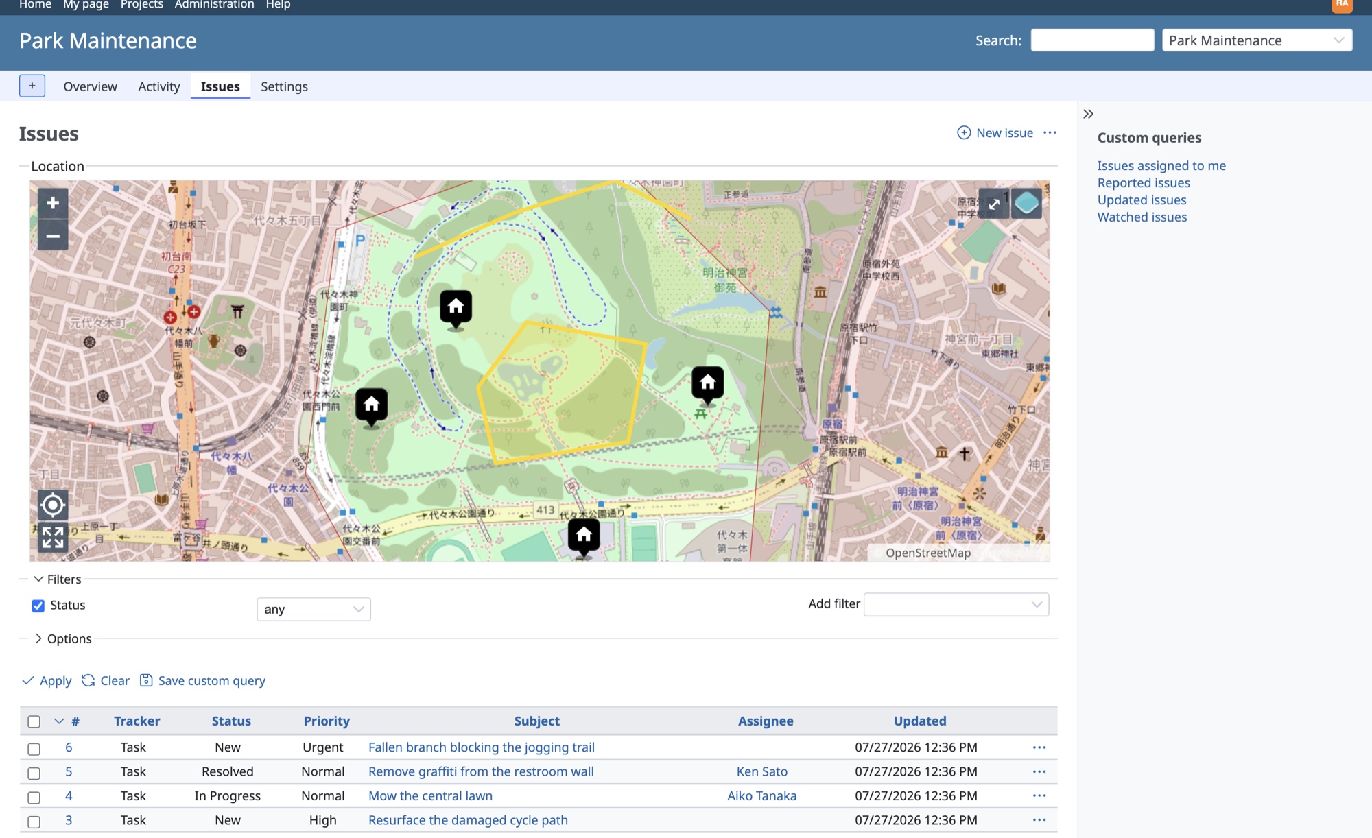 Redmine issue list with an interactive map showing park maintenance issues as points, a line and a polygon
