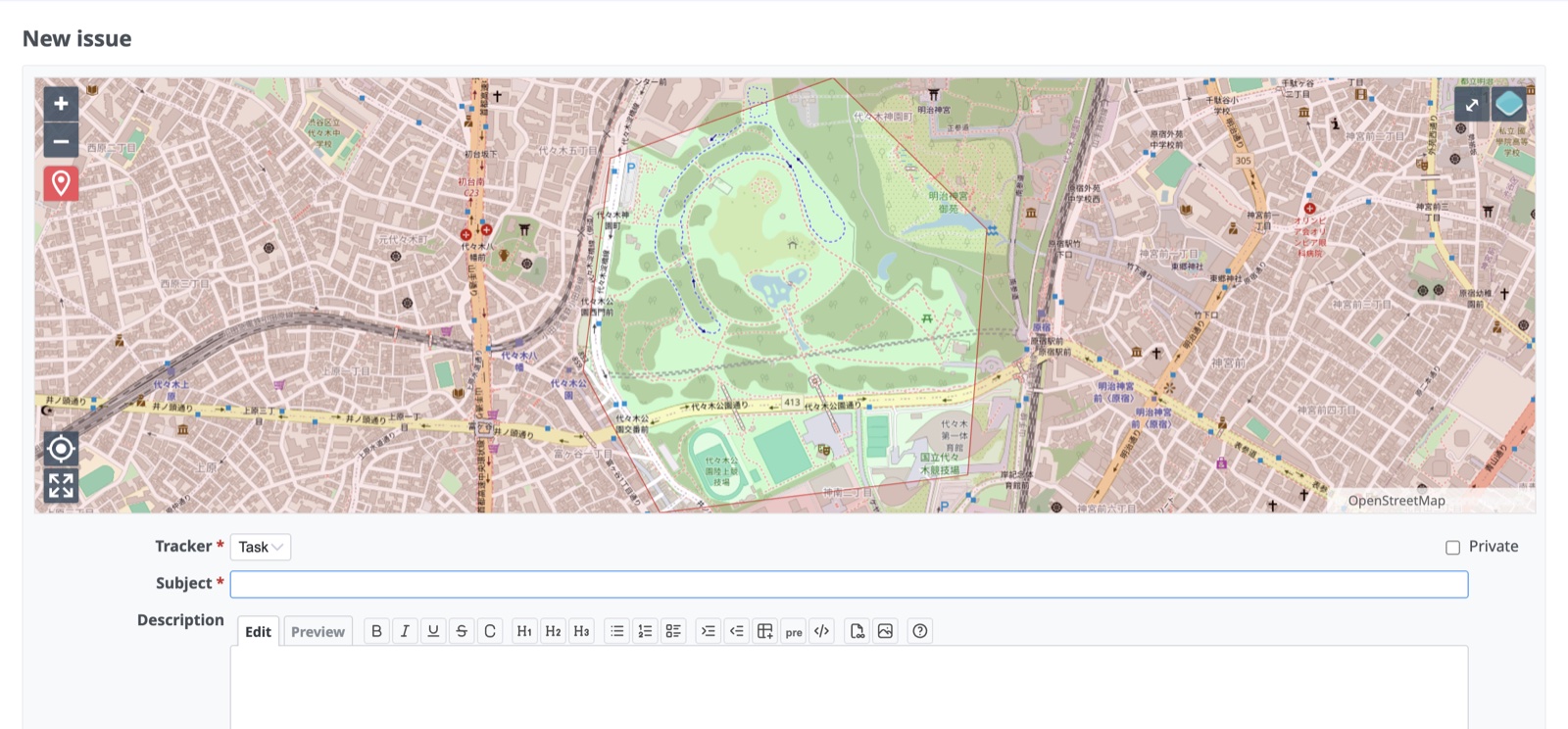 Redmine new issue form with a map and geometry drawing tools